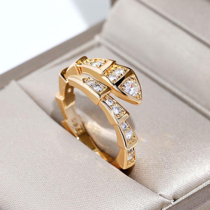 Korean-Style Imitation Silver Snake Bone Ring with Diamond Inlaid Snake Head