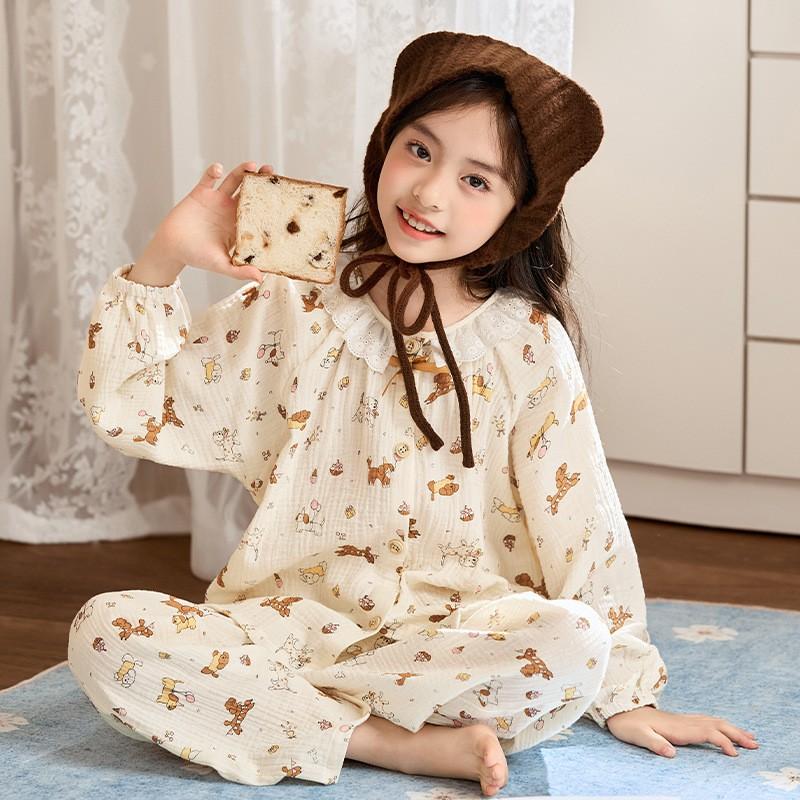 Cotton Gauze Kids Pajama Set Girls Long Sleeve Floral Print Sleepwear Comfortable Home Outfit