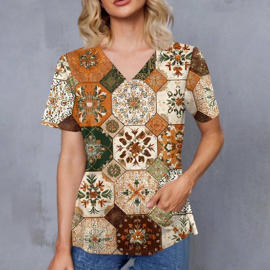 Women's Retro Printed V-Neck Double Pocket Short Sleeves Hem Slit  Uniform Caregiver Top