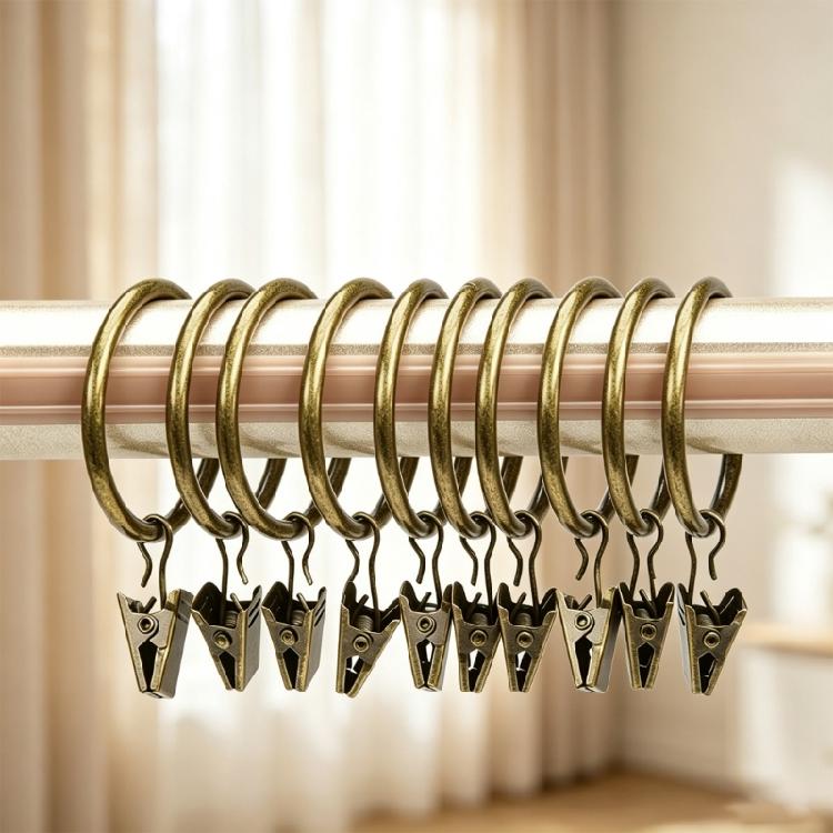Pack of 10 Multipurpose Metal Curtain Rings with Clips 25 mm Interior Diameter for Curtain Rod, Drapery Hangers Easy Installation for Home Decors