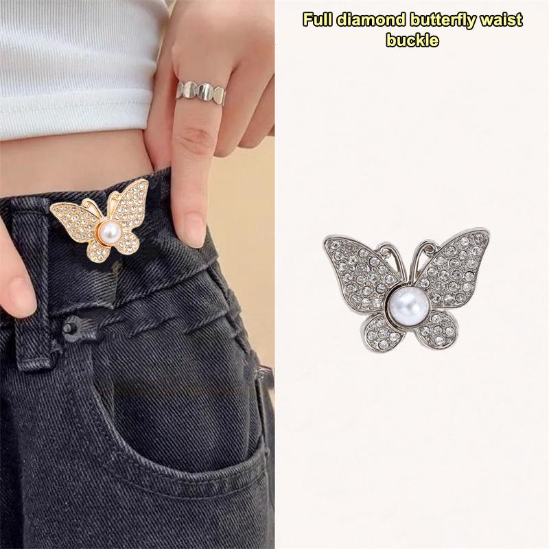 2Pcs  Shiny Diamond Butterfly Shape Adjustable Waist Buckle Jean Buttons Reusable Waist Cincher Clip For Clothing Dresses