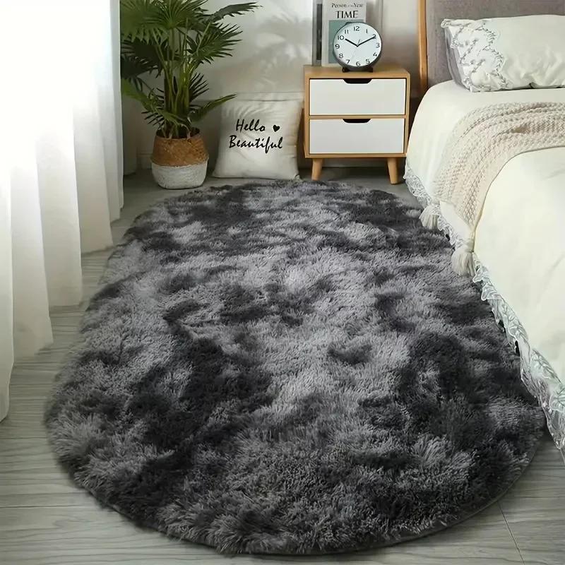 Oval Center Carpet Plush Fluffy Tie Dye Anti Slip Carpet Floor Cushion Bedroom Bedside Mat Rug Soft Foot Mats Home Decor New