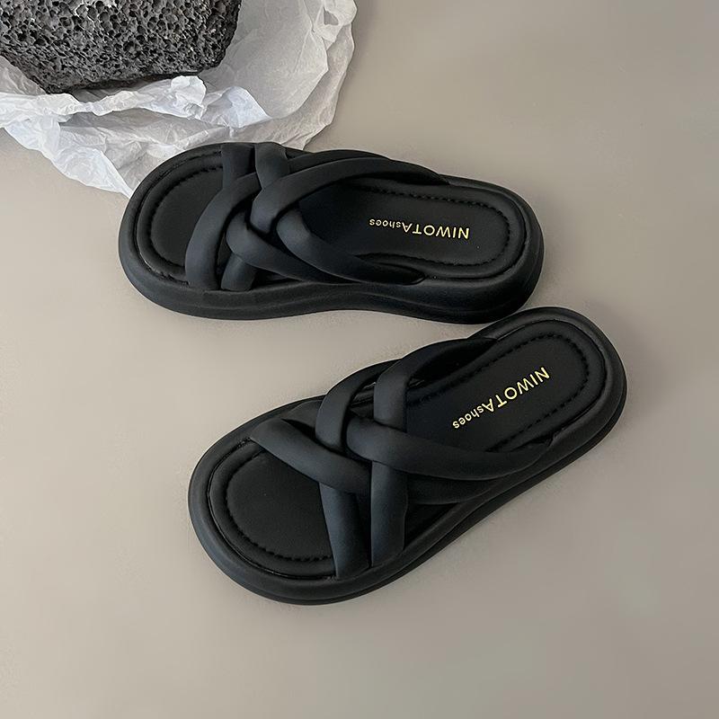 

Summer wear cool one-word high-end 2025 new fashion platform beach sandals casual feeling increased slippers women 40 чёрный