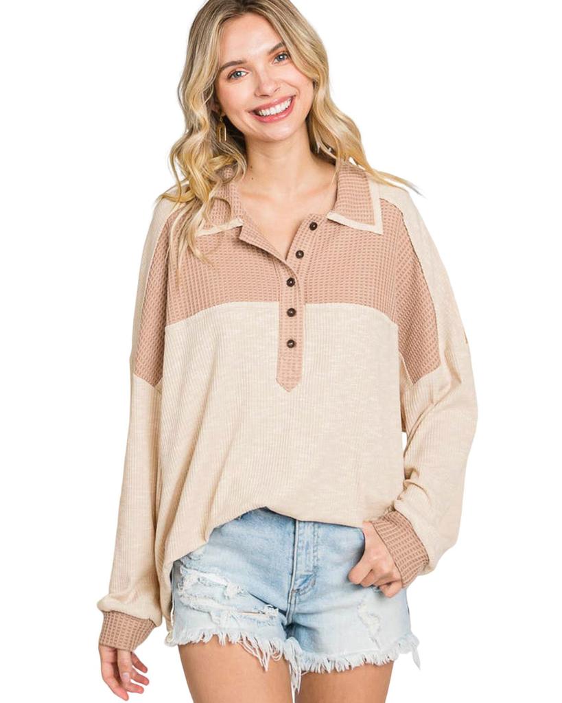 Azura Exchange Apricot Oversized Knit Top With Waffle Contrast