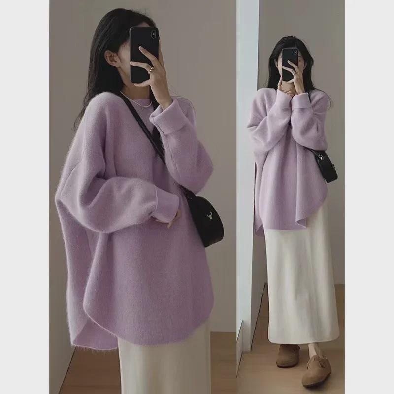 Women's Mid-Length Retro Japanese-Style Knitted Pullover Sweater for Autumn and Winter