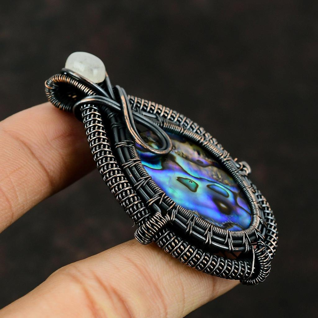 Abalone Shell Pendant Copper Wire Wrapped Pendant Gemstone Jewelry Handmade Pendant Gifts For Her Copper Jewelry Rainbow Moonstone Pendant