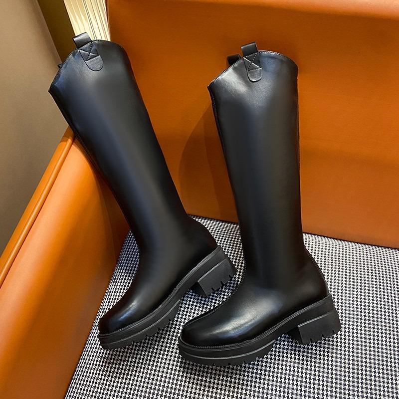 

Женские новые осенне-зимние ретро маленькие облегающие высокие сапоги-ботфорты на толстой подошве 35 чёрный