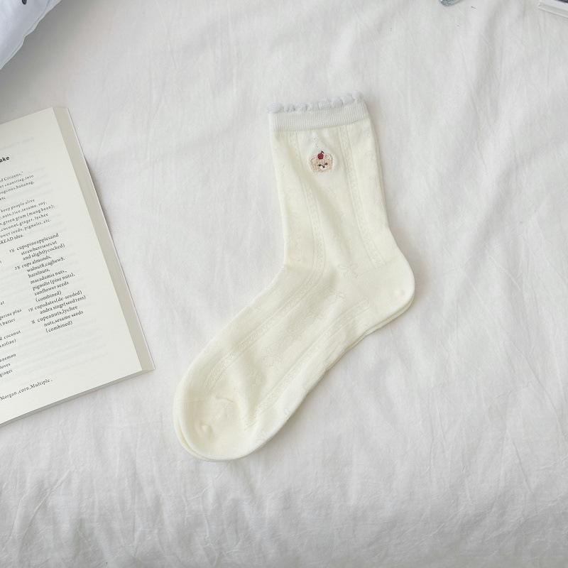 Summer Lightweight Children's Sock Featuring Cartoon Little Bear Embroidery, Thick Pile Socks with Stripes and Letters, Cotton Material