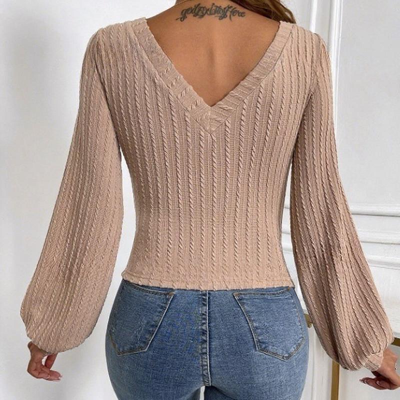 Ladies Autumn Winter Long Sleeve V Neck Solid Color Slim Fit Pullover T Shirt Top