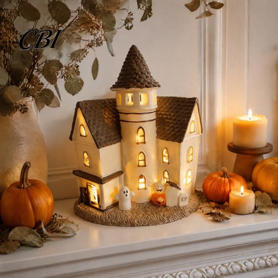 Gothic Home Decor Accents Vintage Light-Up Cottage Halloween Decoration, Ghost Pumpkin Village House LED Lighted Miniature Building Figurine,