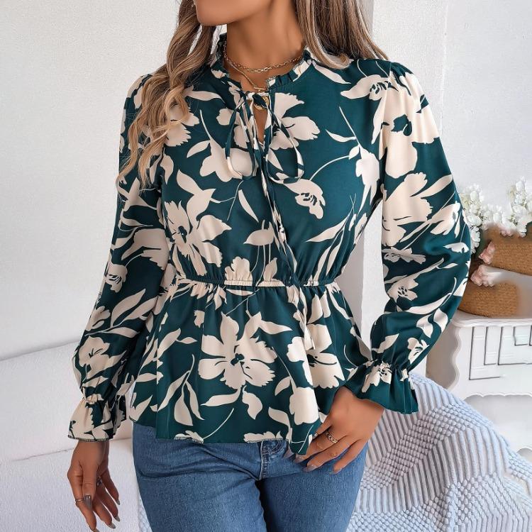 Women Long Sleeve V-Neck Blouse Feather Print Top Spring Autumn Fashion Temperament Shirt