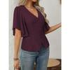 Women S V Neck Solid Color Single Breasted Waist Short Sleeve Blouse