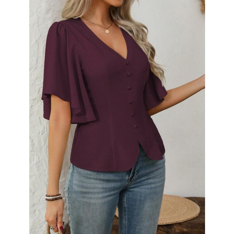 Women S V Neck Solid Color Single Breasted Waist Short Sleeve Blouse