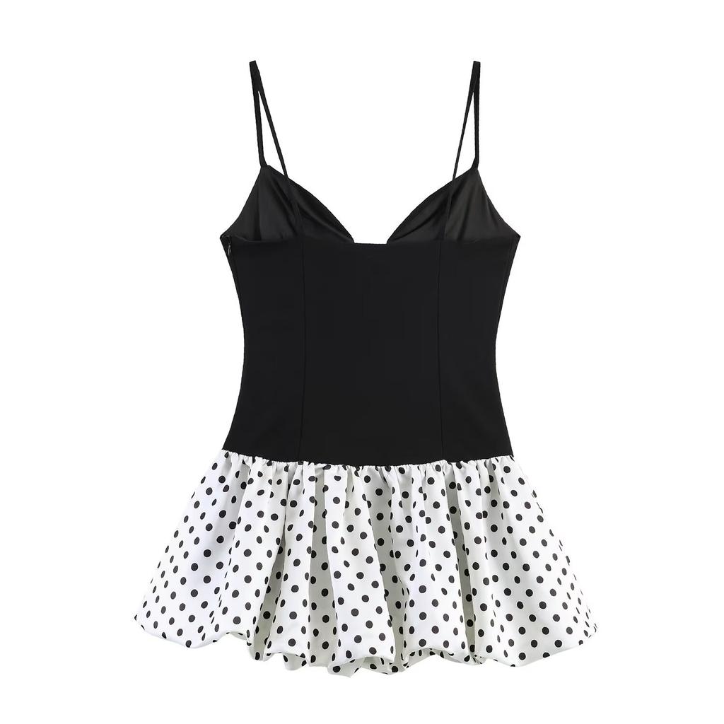 European and American style, new women's clothing, foreign style, classic deep V-polka dot splicing suspender fluffy dress
