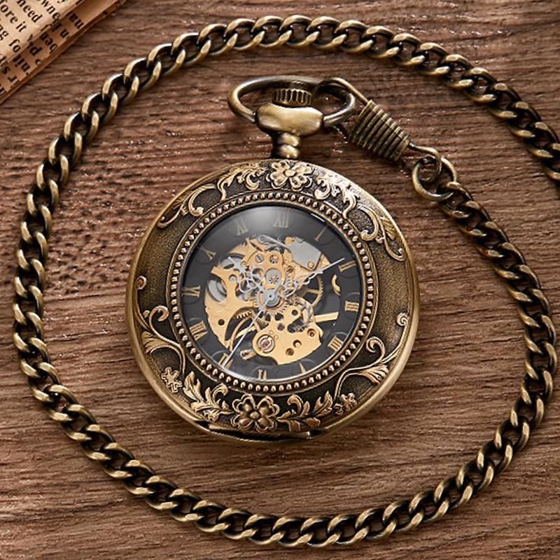 Classic Vintage Double Open Engraved Flip Roman Numerals Large Semi-Automatic Pocket Watch