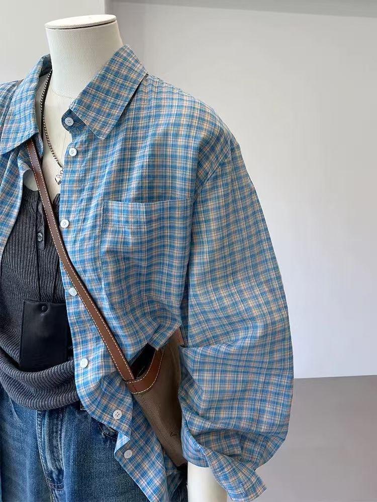 

Женский синий клетчатый кардиган-поло с длинным рукавом и отложным воротником для защиты от солнца XXL