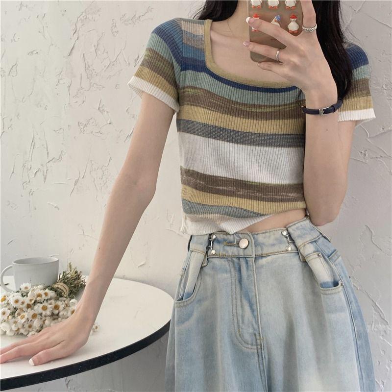 

Женский полосатый свитер с квадратным вырезом и короткими рукавами - Летний милый стиль, Облегающий крой с высокой талией L