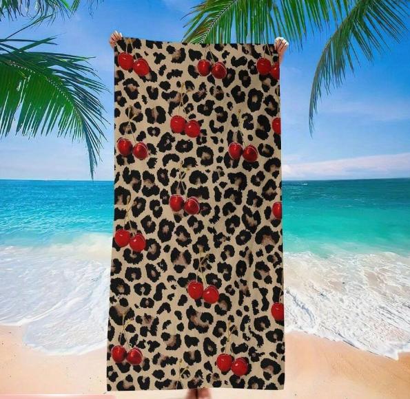 Oversized Leopard Cherry Print Beach Towel Ultra-Fine Fiber Quick-Dry Sand-Free Absorbent Lightweight Portable for Travel Towel
