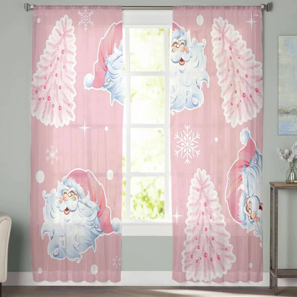 Rosa Weihnachtsbaum Schneeflocke Weihnachtsmann Tüllvorhänge für Wohnzimmer Schlafzimmer Dekor Chiffon Transparent Voile Küchenfenstervorhänge