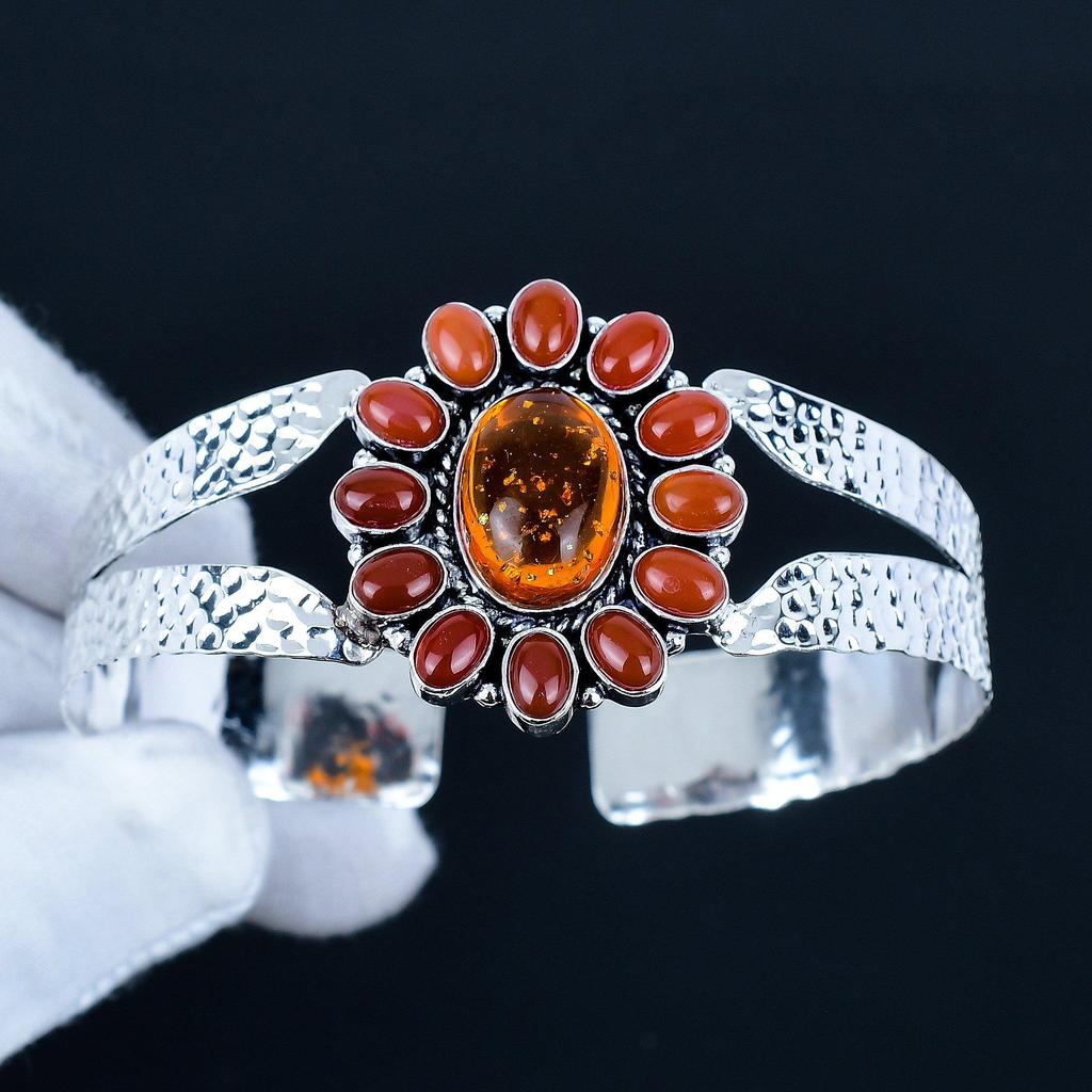 Natural Carnelian Gemstone Handmade Cuff Bangle 925 Sterling Silver Cuff Bangle, Baltic Amber Flower Shape Bracelet For Wife, Unisex Bangle, Gift