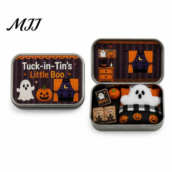 Halloween Storage Box Mini Tin Gift, Plush Ghost with Haunted House Spooky Unboxing Experience Scene, Collectible Micro Theater Gift for Kids,
