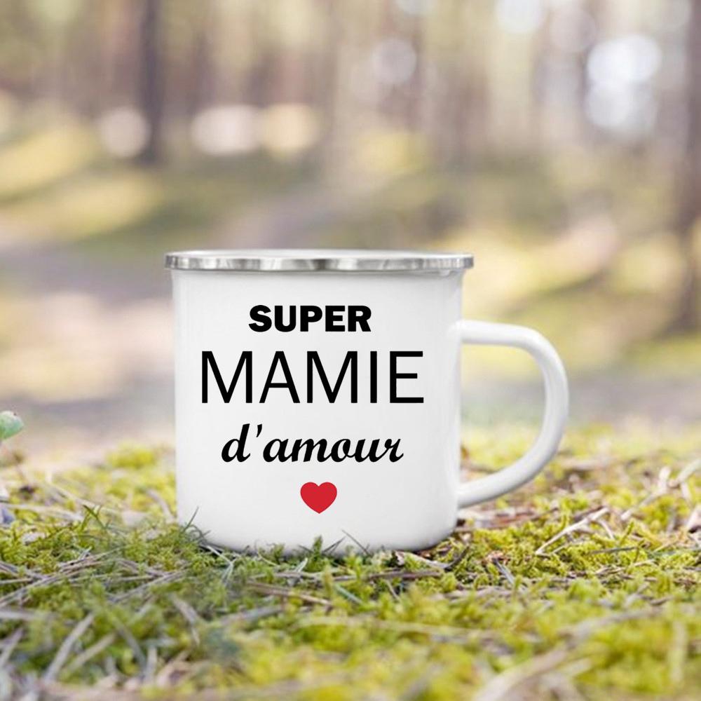 Super Papy Mamie Print Enamel Mug Creative Coffee Cups Drinks Water Milk Cup Enamel Mug Home Drinkware Gifts for Grandma Grandpa