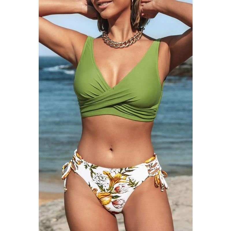 Women Swimwear Cross Pleated Backless Lace Up Bikini 2026 New Beach Two Piece Bathing Suit Vintage Printing Bikini Set