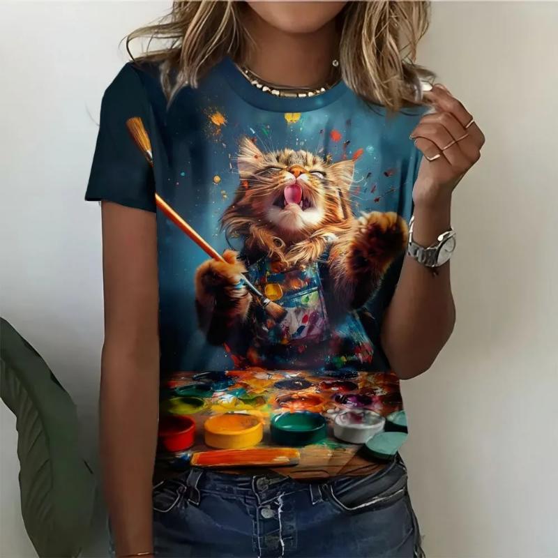 Mode Femme Col Rond Manches Courtes Impression Animale Colorée 3D T-shirt à Manches Courtes et Col Rond Animal