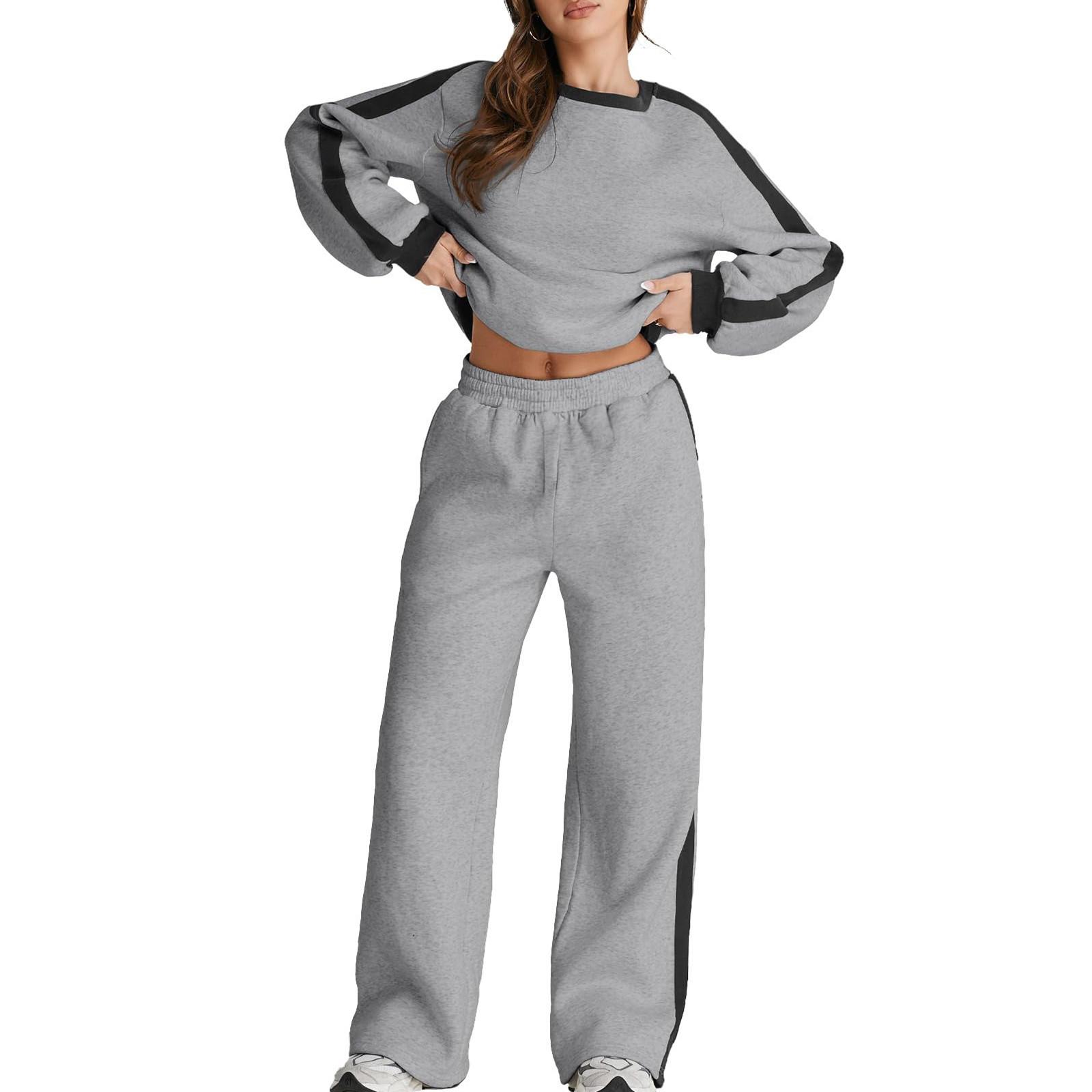 

Женский модный однотонный топ с длинными рукавами и круглым вырезом, повседневный комплект из двух предметов M