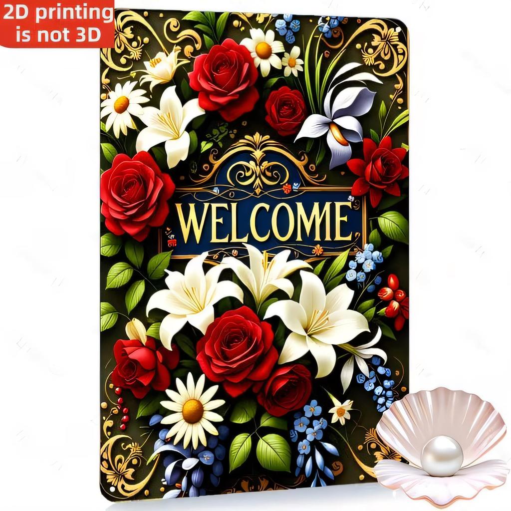 Tin Sign Welcome Floral Garden Roses Lily Butterflies Vintage Metal Plaque Wall Decor D Printing for Entryway Patio Bedroom L