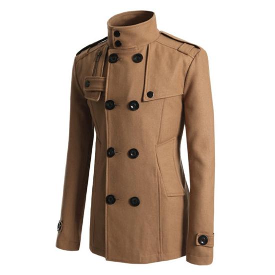 Men Long Sleeve Lapel Collar Double-breasted Pockets Woolen Slim Trench Coat