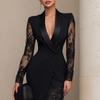 2026 Solid Color Lace Patchwork Lapel Dress – Long Sleeve, Waist-Cinching Casual Suit for Europe & America