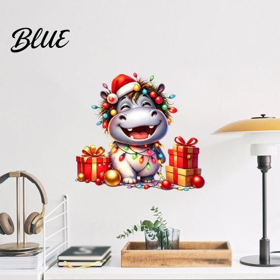 Christmas Party Window Stickers Cartoon Hippo Wall Decal Cute Sticker with Colorful Lights & Waterproof PVC Decorations Xmas Balls Mural for Bedroom