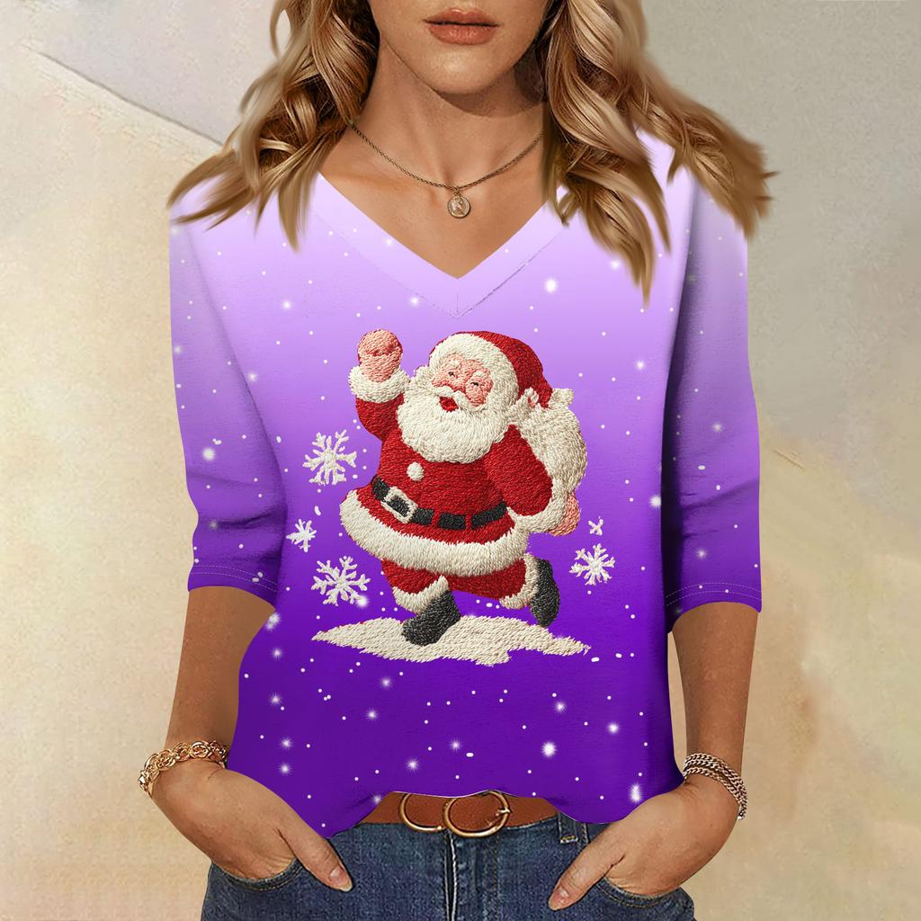 3/4 Sleeve Shirts For Women Print Christmas Tees Blouses Casual Plus Size Basic Tops Pullover