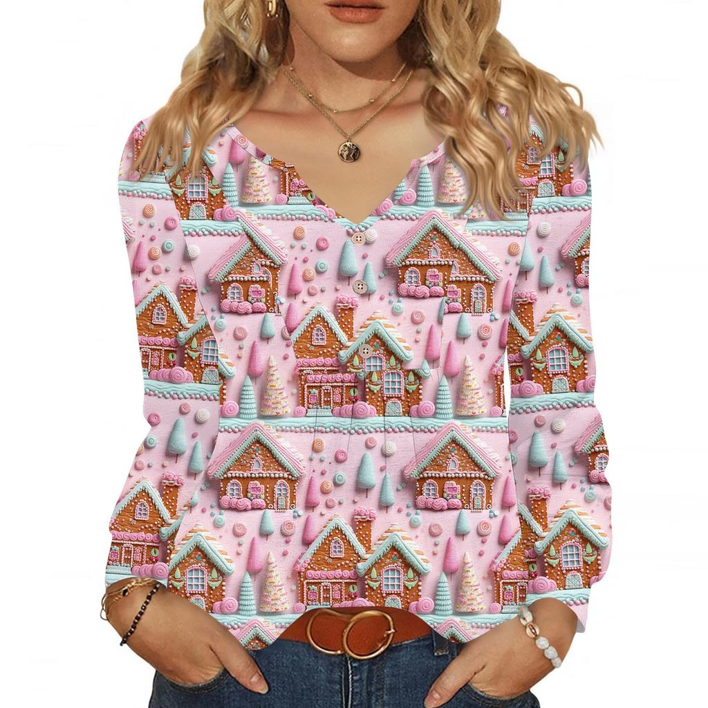 Dámská módní ležérní halenka s výstřihem do V, knoflíky, vánoční potisk, s dlouhým rukávem, pulovr, tričko, top