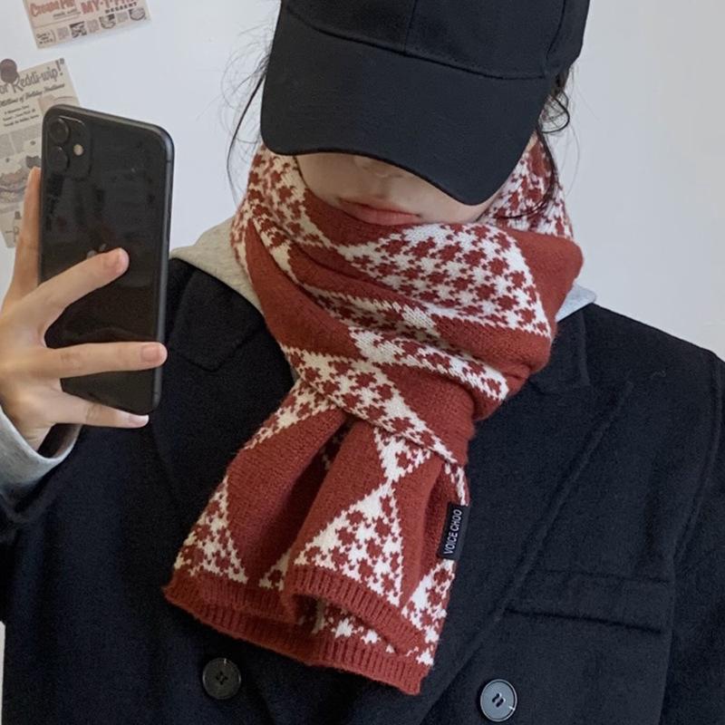 Red Scarf for Women Winter Knitted Wool Student Plaid Thickened Warm Korean Version Versatile Birthday Gift Scarf Trendy