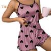 Women's Cami Pajama Set Sleeveless Heart Print Tank Top And Ruffle Shorts Sleepwear Set Summer Two Piece Loungewear Suit