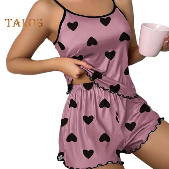 Women's Cami Pajama Set Sleeveless Heart Print Tank Top And Ruffle Shorts Sleepwear Set Summer Two Piece Loungewear Suit