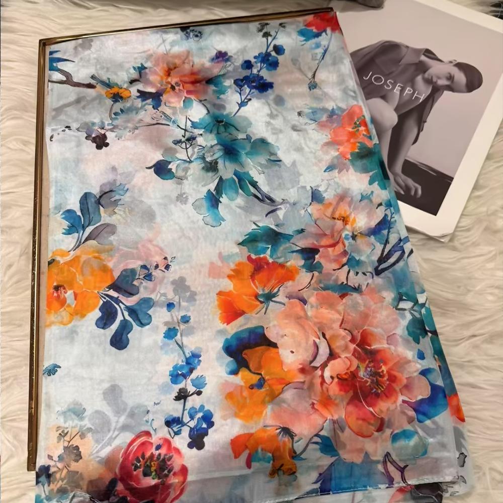 Orange Blue Women 100% Mulberry Silk Scarf Elegant Floral Long Pure Silk Scarf Summer Beach Silk Shawl  Wrap Hijab Scarf Bufanda