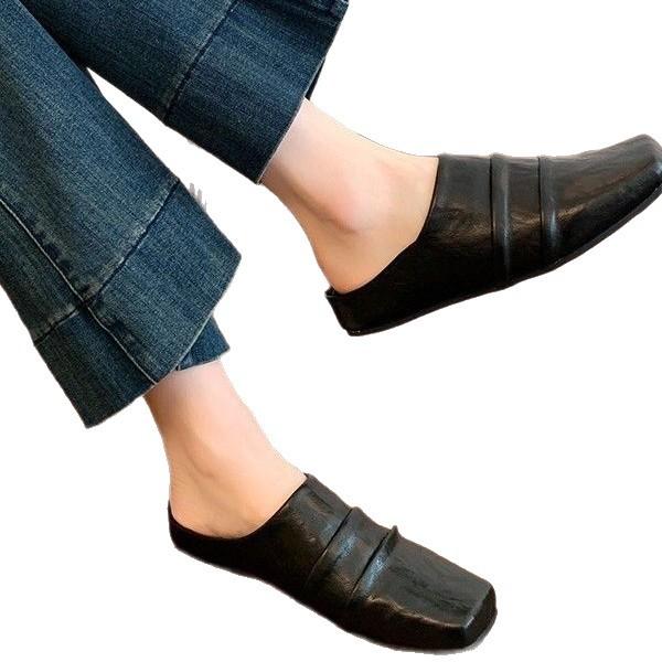 Soft pleated ballet shoes for men and women of the same style, Mueller shoes, square head leather shoes, flat shoes, commuter outer slippers