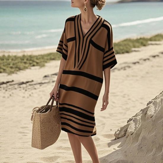 Summer Dress for Women Casual Short Sleeve V Neck Striped Midi Dress Summer Beach Sundress Boho Vacation Outfit
