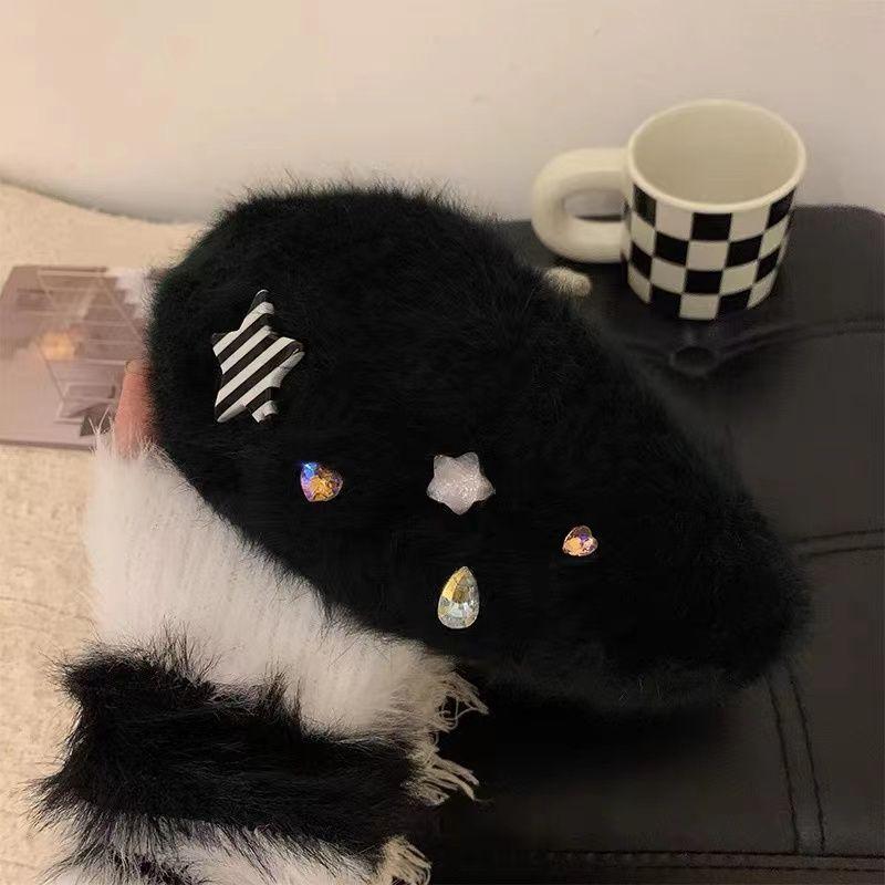 Women’s Hat Sweet and Cute Bowknot Rabbit Fur Plush Beret - Warm Painter Hat for Autumn and Winter