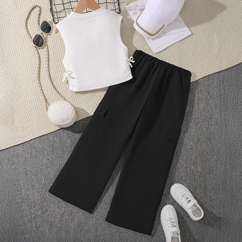 New Girls' Summer Sleeveless Letter Print T-Shirt + American Style Cargo Pants 2-Piece Sets