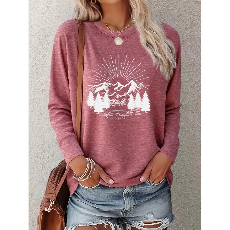 Women's Adventure-Themed Vintage Sketch Mountain Print Casual Long Sleeve Elegant Summer Top, Fashionable and Cute Vintage Style