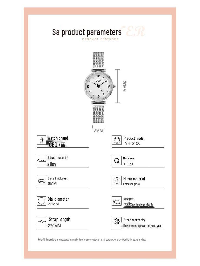 Gedi Damski Minimalistyczny Wodoodporny Zegarek Kwarcowy z Paskiem z Siatki ze Stali Nierdzewnej