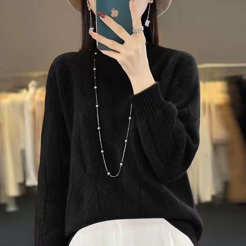 

Вязаный свитер с полувысоким воротником для осени и зимы, топ с длинными рукавами, толстый свитер для женщин 3XL чёрный