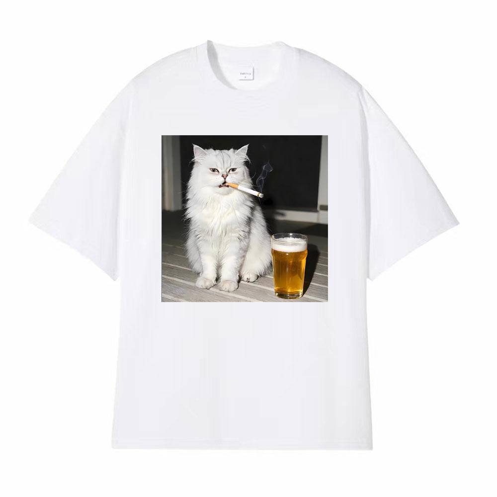 Funny Persian Cat Smoking and Drinking Beer Vintage Tshirts Mens Women Casual Cotton T Shirt Fashion Cool Short Sleeve Tshirt