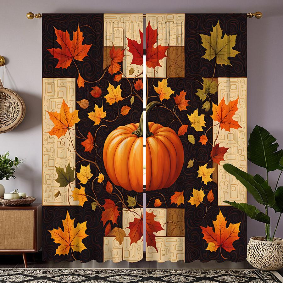 2 Pieces Autumn Pumpkin and Maple Leaf Print Curtains   Polyester Fabric   Suitable for Bedroom Living Room Decoration