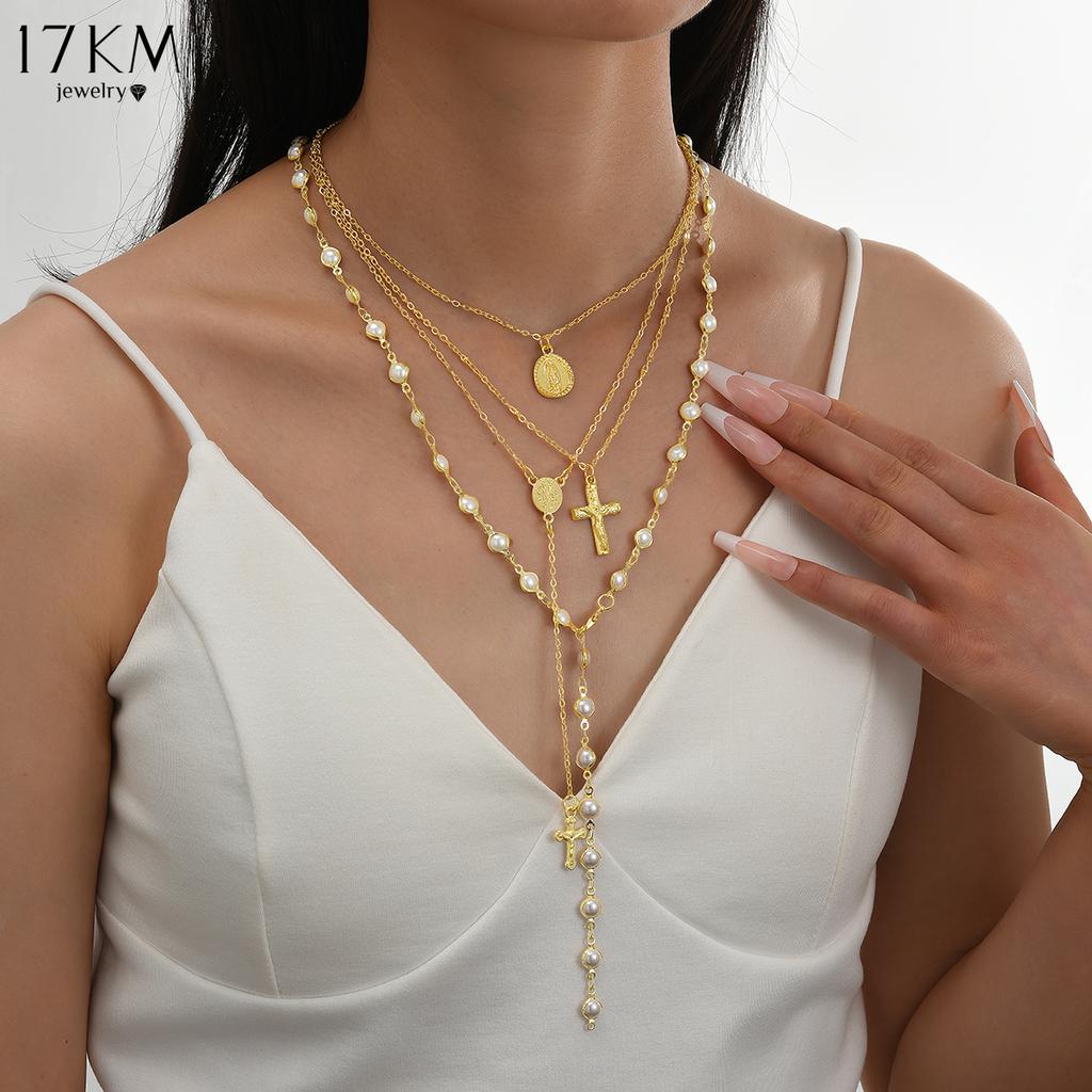 17KM 4-Piece Cross Pendant Figure Necklace Set Adjustable Bohemian Style Fashion Jewelry For Women Daily Wear Party Gift
