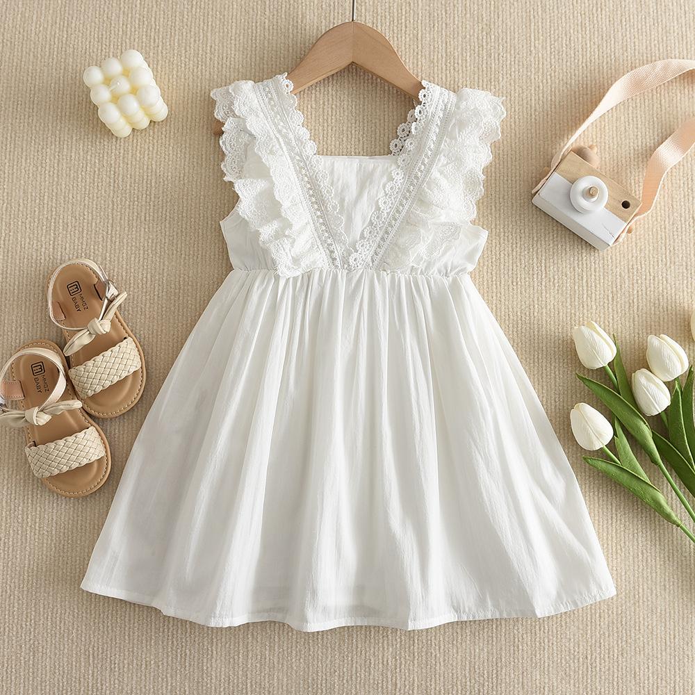 Girls Summer White Lace Princess Dress Thin Sleeveless Vest Dress Baby Stylish Hem Skirt 90cm